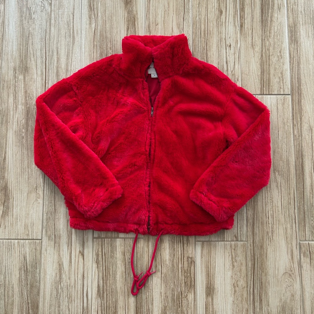 Paper Crane red bomber teddy bear coat Size S EUC